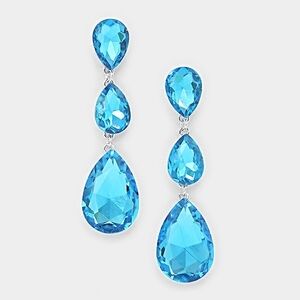 Aqua Dangle Crystal Earrings 2.75 Inch Triple Tear Drop Jewelry